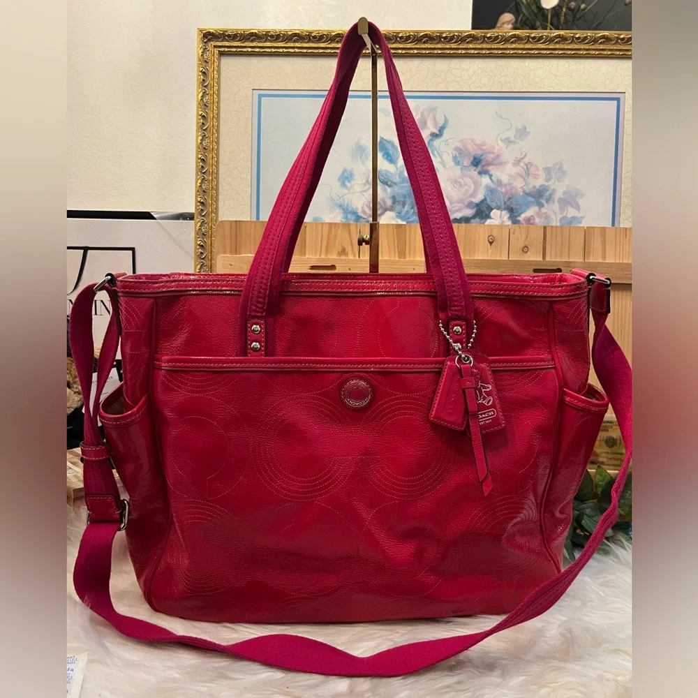 Coach Magenta Pink Stitched Patent Leather Crossbody Tote Bag